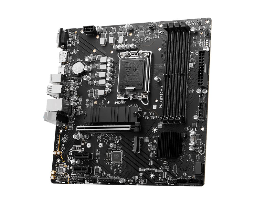 Mainboard MSI Intel B760 Express LGA1700 Micro-ATX Memory DDR5 Memory slots 4 2xPCI-Express 1x 1xPCI-Express 16x 2xM.2 1x15pin D-sub 1xHDMI 1xDisplayPort 4xUSB 2.0 1xUSB 3.2 1xUSB-C 2xPS/2 1xRJ45 3xAudio port PROB760M-P